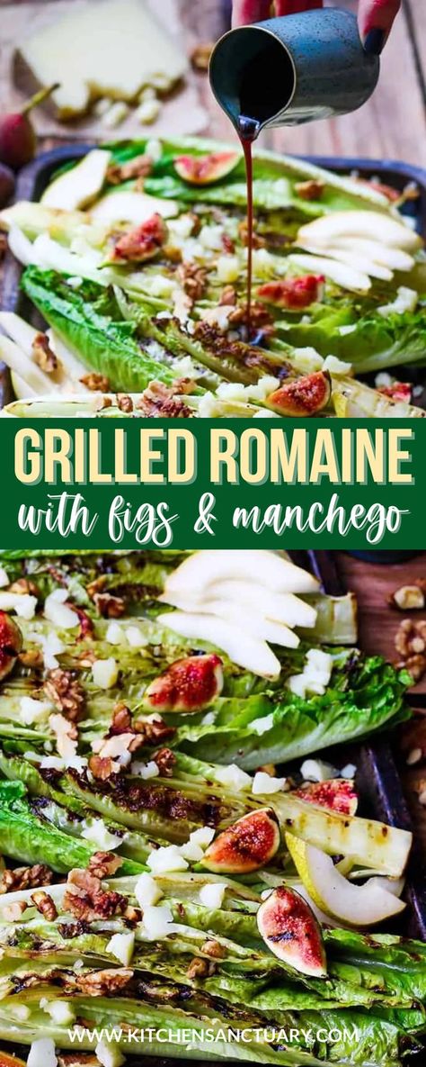 Romaine Hearts Salad, Grilled Romaine Salad Recipes, Manchego Salad, Manchego Recipes, Grilled Romaine Hearts, Creative Salads, Romaine Hearts, Grilled Romaine Salad, Honey Balsamic Vinaigrette