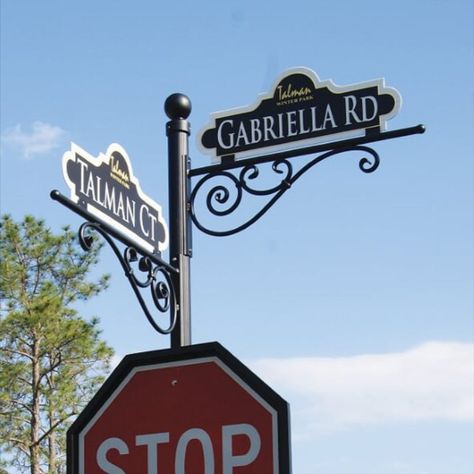 Street Sign Blades are available in standard sizes and custom lengths. A wide variety of colors and fonts are on hand to bring your street signs to life. We can even place logos and line art images on sign blades. These signs were created for Talman winter park.#streetsignage #streetscapes #signs #hoa #homeowners #streetsigns #speciallite Street Name Sign Aesthetic, Street Sign Logo, Street Sign Aesthetic, Street Sign Design, Neighborhood Signs, Standing Signage, Street Name Sign, Victorian Street, Europe Street