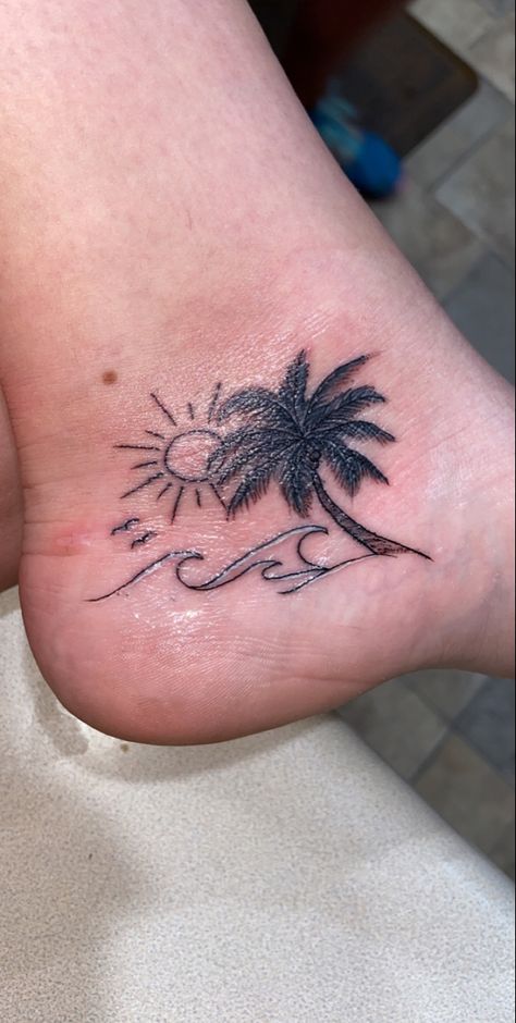 Small Tropical Tattoos For Women, Beach Foot Tattoo, Island Tattoos For Women, Small Tropical Tattoo, Beachy Tattoos For Women, Beach Scene Tattoo, Beach Tattoos For Women, Just Breathe Tattoo, Beachy Tattoos