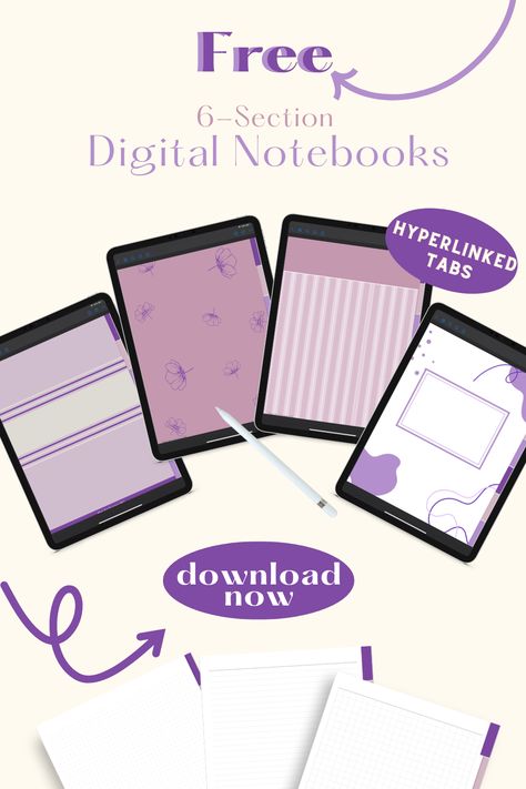 Keep a digital journal,  notes for home, school, or work, or get creative and doodle with these free digital notebooks! Created with lined, graph, and dotted pages, you can always duplicate them to add more room! Enjoy 6 hyperlinked tabbed sections for easy organization. Download your free digital notebooks now. Free Digital Notebook Goodnotes, Digital Notebook Free, Book Journal Digital, Free Digital Notebook, Digital Notebook Paper, Notebook Dividers, Plan For Success, Diary Template, Free Notebook