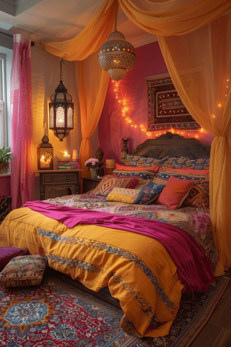 29 Red Boho Bedroom Ideas 19 Electric Boho Bedroom, Canopy Boho Bed, Romani Room Decor, Cosy Aesthetic Bedroom, Indian Themed Bedroom, Indian Aesthetic Bedroom, Orange Room Ideas, Red Boho Bedroom, Bohemian Bedroom Decor Moroccan Style