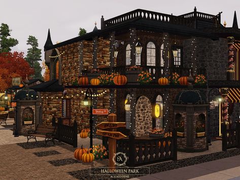 The Sims Resource - Halloween Park Halloween Houses Bloxburg, Bloxburg Halloween, Fall Town, Bloxburg Inspiration, Rh Dorm, Bloxburg City, Winter House Exterior, Bloxburg Town, Halloween City