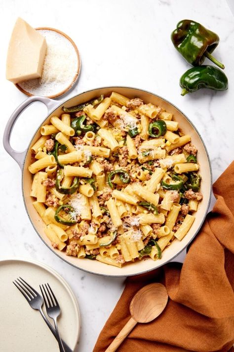 This creamy sausage pasta is a late-summer dream: smoky poblano peppers add gentle heat, sweet corn brings crisp sweetness, and savory sausage deepens the flavor. Ready in under 30 minutes, it's the perfect blend of spice, sweetness, and creaminess for a quick, unforgettable meal! Sausage And Mushroom Pasta, Crockpot Dairy Free, Sweet Italian Sausage Recipes, Italian Sausage Recipes Pasta, Kaleb Wyse, Creamy Sausage Pasta, Sausage Pasta Recipe, Wyse Guide, Food Network Chefs