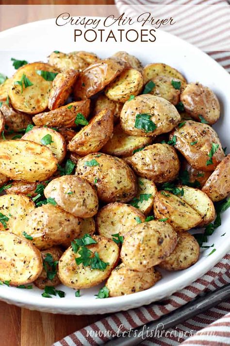 Crispy Air Fryer Potatoes Recipe -- Baby potatoes are air-fried with oil and seasonings until they are crispy on the outside and tender on the inside, then finished off with a squeeze of lemon juice and some fresh parsley in this easy, crowd-pleasing side dish. #potatoes #airfryer Air Fried Potatoes, Air Fryer Potatoes, Healthy Air Fryer Recipes, Unique Side Dishes, Roasted Rhubarb, Slow Cooker Apple Butter, Healthy Air Fryer, Breakfast Bread Recipes, Vegetable Side Dishes Recipes