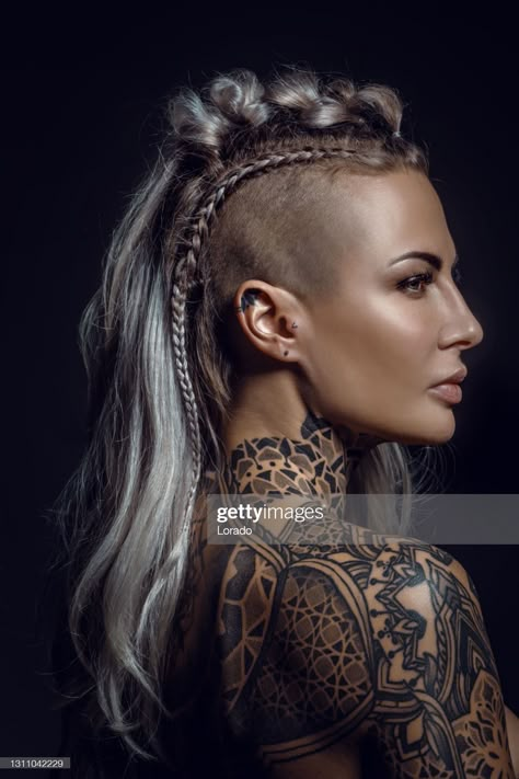 Stock Photo : Side portrait of a tattooed viking blonde female and her unique hairstyle Undercut Braid, Braids With Shaved Sides, Blonde Female, Undercut Long Hair, Viking Braids, Side Portrait, Shaved Side Hairstyles, Half Shaved Hair, Half Shaved