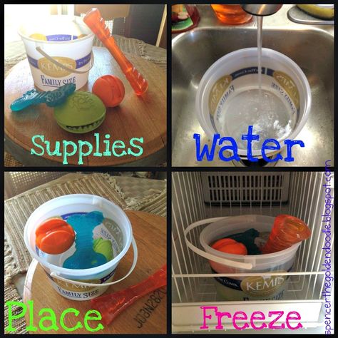 Here is a fun and easy project you can do to help keep you dog staying cool this summer.  All you need is an ice cream bucket, toys, water and a freezer. And you have the makings for a fun ice block that will keep your dogs cool while they have fun licking their toys free. Easy Enrichment For Dogs, Diy Lick Mat For Dogs, Diy Lick Mat, Doggie Playground, Diy Enrichment Toys For Dogs, Mastador Dog, Koolie Dog, Ice Cream Bucket, Schnoodle Dog