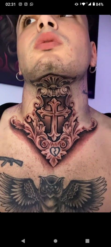 Jesus Neck Tattoo, Cross Throat Tattoo, Throat Tattoo Men Design, Chicano Neck Tattoos, Full Neck Tattoos For Men, Throat Tattoo Men, Full Neck Tattoo For Guys, Neck And Throat Tattoos Men, Front Neck Tattoo