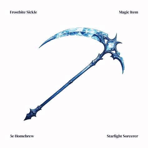 Said to be the signature weapons of the spectres who claim the lives of those who get lost in the blizzards of Withergard. . . . #dnd5e #frostbite #sickle #scythe #dnd5e #homebrew5e #magicweapon #magicitem Cool Scythe, Cool Scythe Designs, Scythe Designs, Madoka Magica Oc, Ice Powers, Symbiotes Marvel, Dnd Items, Tmnt Turtles, Magic Items