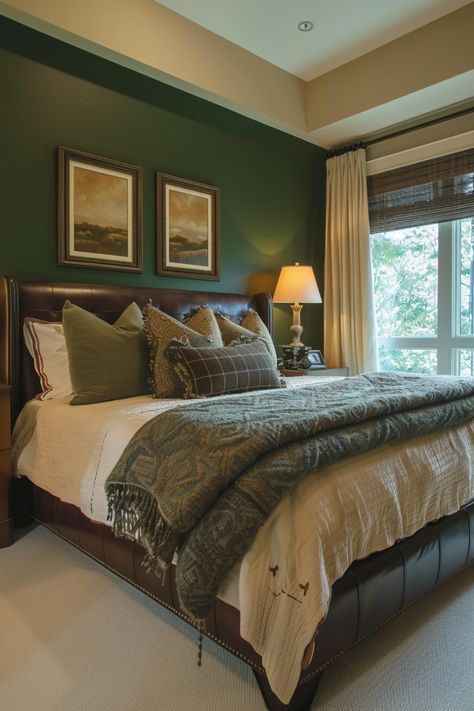 Achieve a traditional, homey vibe with country-themed bedrooms that feature floral designs and antique furniture. See more here. Olive Bedroom Ideas, Dark Brown Bedroom Furniture Decor, Brown Bedroom Furniture Decor, Dark Brown Bedroom Furniture, Brown Bedroom Furniture, Olive Bedroom, Organic Modern Bedroom, Basement Colors, Dark Bedroom Furniture