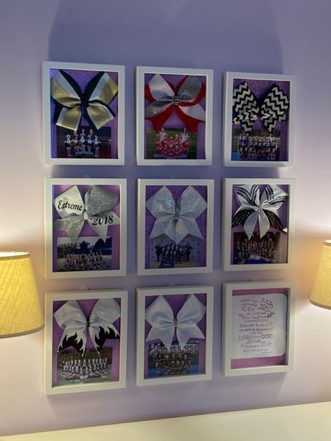 Use inexpensive shadow box frames from Michael’s, cheer bows, and team photos to create this cheer memories wall gallery. Made The Cheer Team Gift, Team Gift Ideas Cheer, Cheer Closet Organization, Display Cheer Bows, Cheer Storage Ideas, Signs For Cheer Competition, Cheer Gift From Coach, Cheer Trophy Display Ideas, Cheer Memory Ideas