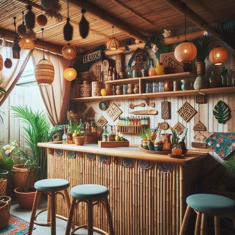 17+ Tiki Bar Decorating Ideas for the Ultimate Tropical Vibe 🌴 Hawaiian Bar Ideas, Bar Decorating Ideas, Potted Palm Trees, Outdoor Tiki Bar, Hawaiian Restaurant, Tiki Signs, Tiki Statues, Tiki Bar Decor, Bamboo Bar