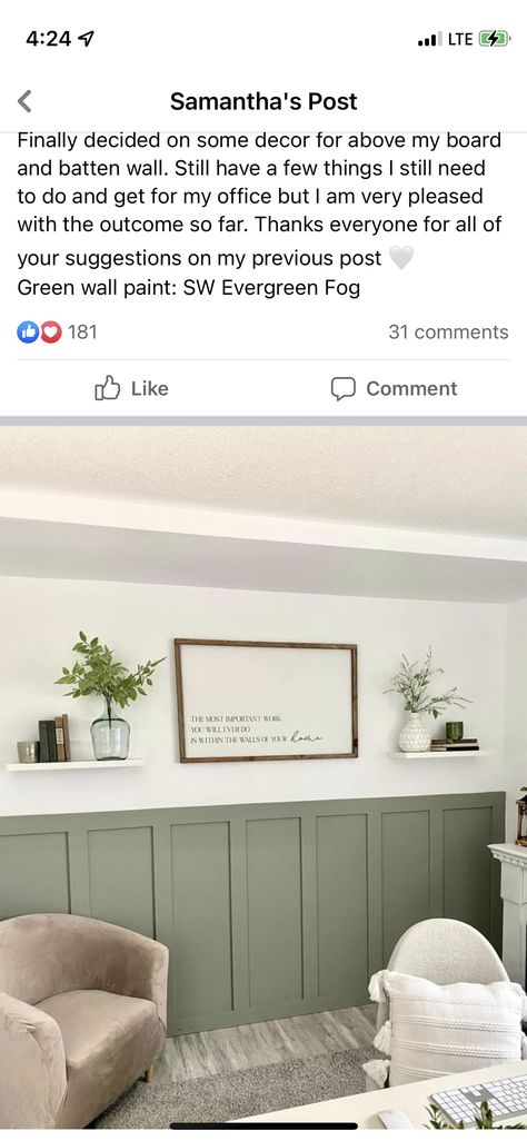 Half Green Accent Wall, White And Green Accent Wall, Boho Waynes Coating, Green Board And Batten Wall Living Room, Vertical Shiplap Office Wall, Farmhouse Living Room Accent Wall Color, Sage Green Batten Board, Board And Batten Nursery Accent Wall, Sage Green Wainscoting Bedroom