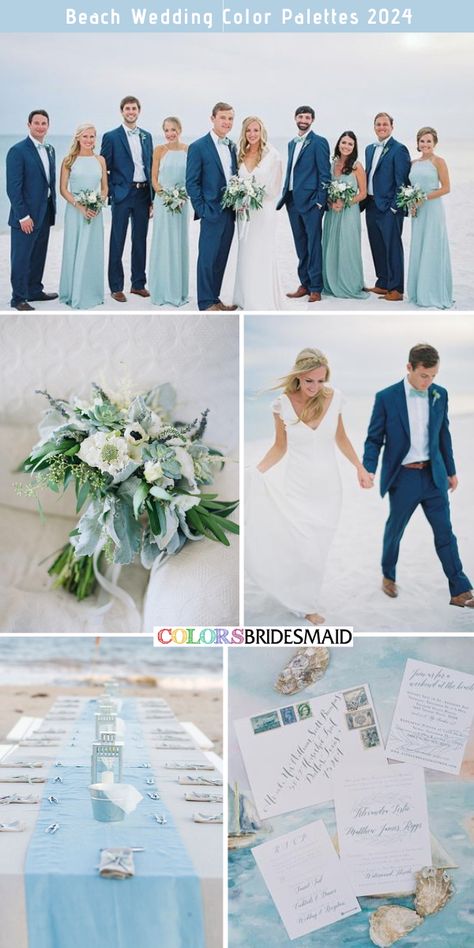 Dusty Blue and Blush Beach Wedding: White Bridal Gown, Dusty Blue Bridesmaid Dresses, Blush Bouquets, White or Blush Wedding Ceremony Decorations, Dusty Blue Wedding Cakes, Deep or Navy Blue Suits for Groom and Groomsmen. #weddingcolors #weddingideas #summerweddings #octoberweddings #colsbm #2024 #bridesmaiddresses #beachwedding #aquaandnavy Navy Blue Beach Wedding, Beach Wedding Color Palette, Beach Wedding Colors Schemes, Aqua Bridesmaid Dresses, Navy Blue Groom, Blue Groom, Beach Wedding Groom, Romantic Wedding Colors, Blue And Blush Wedding