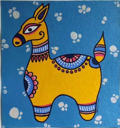 Madhubani Horse Painting, Traditional Folk Art Painting, Indian Art Style, Jamini Roy Paintings Folk Art, Traditional Drawing Indian, Indian Folk Art Painting Easy, Bengali Folk Art, Jamini Roy Paintings, Patachitra Art