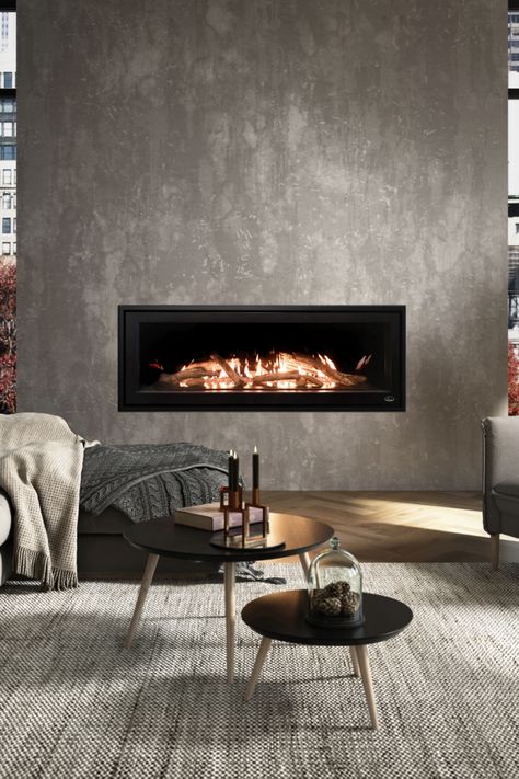 Larger than life, this 48'' gas fireplace is a beautiful addition to any spacious family room to create warmth and luxury. Linear Gas Fireplace, Modern Farmhouse Table, Gas Fireplaces, Canopy Curtains, Foggy Day, Small Fireplace, Latest House Designs, Fireplace Makeover, Fireplace Design