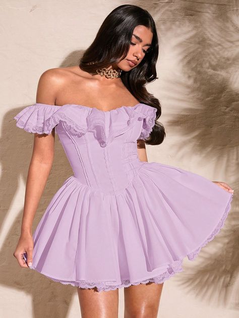 Women's Summer White Sexy Sweet Off Shoulder Lace Petal Sleeve Solid Color Pleated Bust Lace Trim Sweet Puff Dress Lilac Purple Elegant  Short Sleeve Woven Fabric Plain A Line Non-Stretch  Women Clothing, size features are:Bust: ,Length: ,Sleeve Length: Corset Dress Short, Purple Dress Short, Purple Dresses Formal, Purple Corset, Dama Dresses, Puff Dress, Petal Sleeve, Goth Dress, Mini Robes