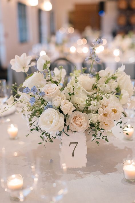 Timeless Wedding Floral Arrangements, White And Cream Floral Arrangements, White And Light Blue Centerpiece, Floral Budget For Wedding, Blue And White Floral Centerpieces Wedding, Hydrangea Centerpiece Diy Wedding, Delicate Wedding Flowers, Blue Candle Wedding Centerpieces, Soft Blue Wedding Flowers