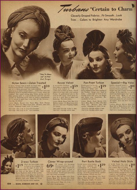 fabulous turbans (1941) 1940 Hairstyles, 1940s Hats, Elsa Schiaparelli, Dapper Day, Christmas Catalogs, 40s Fashion, Pierre Balmain, Vestidos Vintage, 1940s Fashion