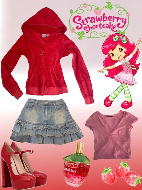 Strawberry Shortcake Y2k Outfit, Strawberry Shortcake Clothes Aesthetic, Red And Pink Outfit Ideas, Strawberry Shortcake Outfit Ideas, Strawberry Shortcake Outfits Inspired, Strawberry Shortcake 2000s, Strawberry Shortcake Outfit Inspiration, Strawberry Shortcake Aesthetic Outfit, 2000s Strawberry Shortcake