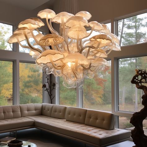 Introducing the “Mycelium Radiance” chandelier: a captivating blend of nature and modern design. Its hand-blown glass shades mimic the delicate allure of mushrooms, casting a warm, ethereal glow. Suspended from a sleek metal frame, it adds a touch of whimsy and natural beauty to any space. Conceptual AI Art Follow @ecosapiens for more! Extravagant Homes, Mushroom Magic, Modern Design Trends, Apartment Makeover, Unique Light Fixtures, Ornate Furniture, Traditional Furniture, Types Of Furniture, World Of Interiors