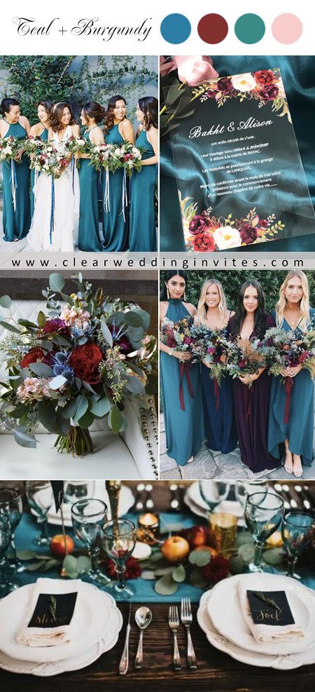 Black Rust And Teal Wedding, Dark Teal Blue Wedding Theme, Turquoise Burgundy Wedding, Deep Red And Teal Wedding, Deep Teal Bridesmaid Dresses Fall Wedding, Fall Wedding Teal Burgundy, Plum And Dark Teal Wedding, Dark Teal And Navy Wedding, Wine And Teal Wedding