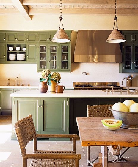 Painted Green Cabinets in this shaker style kitchen. Green Kitchen Accessories, Madeline Stuart, Natural Wood Kitchen, Sage Green Kitchen, Green Kitchen Cabinets, Green Cabinets, Kitchen Color, Painting Kitchen Cabinets, Green Kitchen