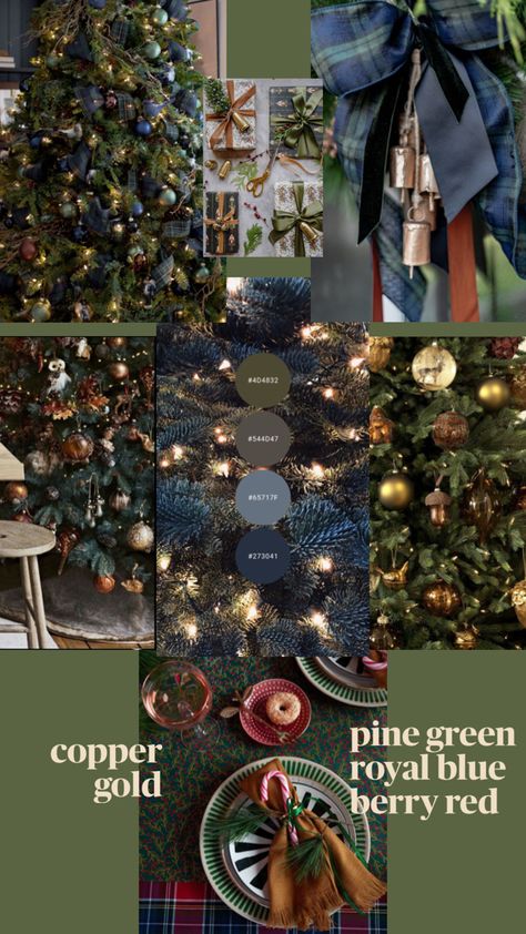 Christmas 2024 inspiration with deep greens, blues, and reds paired with copper and gold accents. Blue And Red Christmas, Christmas Palette, Brown Christmas, Royal Blue And Gold, Green Copper, Christmas 2024, Deep Green, Green Brown, Tis The Season