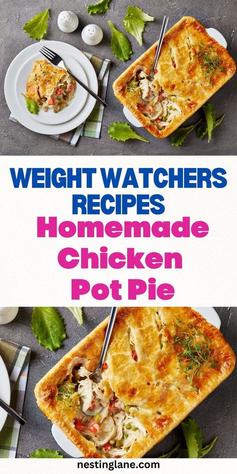 Graphic for Pinterest of Homemade Weight Watchers Chicken Pot Pie Recipe. Ww Chicken Pot Pie Recipe, Weight Watchers Chicken Breast Recipes, Chicken Pie Recipes, Weight Watchers Chicken Breast, Weight Watchers Chicken Pot Pie, Flavorful Chicken Breast Recipes, Weight Watchers Food Points, Weight Watchers Meals Dinner, Chicken Pie Recipe