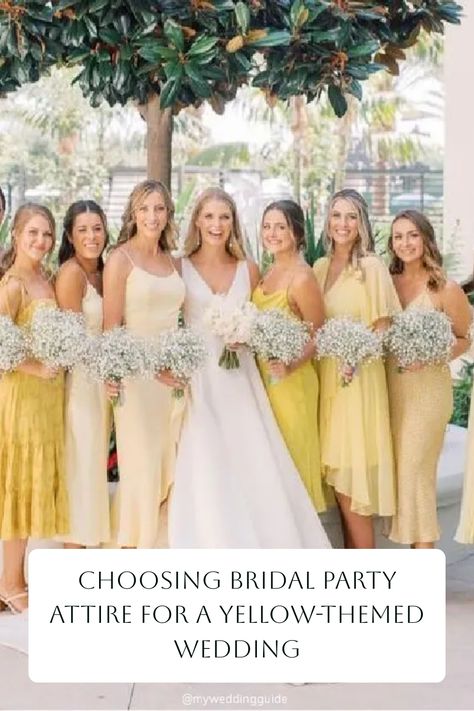 When choosing bridal party attire for a yellow-themed wedding, consider shades like lemon, mustard, or sunflower for a vibrant and cheerful atmosphere. These colors can enhance the cohesiveness and aesthetic appeal of the event, creating a stunning visual impact that complements the yellow color scheme beautifully. Blue And Yellow Bridal Party, Shades Of Yellow Bridesmaid Dresses, Spring Wedding Yellow, Yellow Color Scheme, Yellow Wedding Theme, Dapper Suits, Classic White Dress, Bridal Party Attire, Elegant Bridal Gown