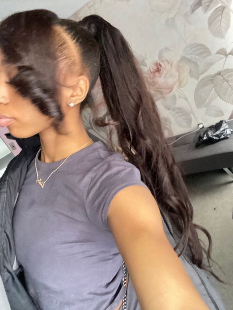 Mid ponytail with bang 
Bang with messy bun High Braided Ponytail With Bangs, High Ponytail With Side Part, Side Part With Ponytail, Mid Ponytail With Bang, 2 High Ponytails With Weave, 2 Ponytails With Bangs, Sleek Ponytail Weave With Bang, Slick Ponytail Weave With Bang, Messy Bun Weave