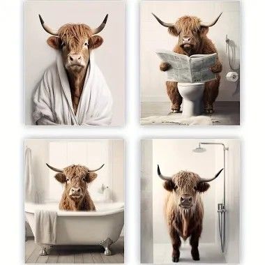 Cow Bathroom Decor, Highland Cow Bathroom, Toilet Prints, Prints For Bathroom, Cow Bathroom, Bathtub Pictures, Funny Highland Cow, Animal Bathroom, Cow Artwork