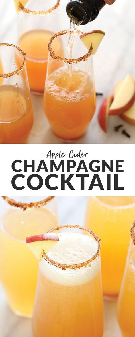 Champagne Cocktails Easy, Apple Cider Champagne, Apple Cider Mimosa Recipe, Cold Apple Cider, Homemade Cider, Cider Mimosas, Apple Cider Mimosa, Cider Drinks, Apple Cider Cocktail