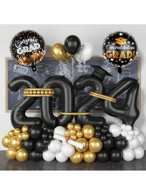 Class Of 2024 Balloon Banner, Black Foil Balloon 16 Inch 2 Foil Congrat Gard Balloons Graduation Party Decorations For College , Grad Party SuppliesI discovered amazing products on SHEIN.com, come check them out! 2024 Balloon Decor, Graduation Balloon Decorations, Grad Party Centerpieces, Balloons Graduation, Ballon Banner, College Grad Party, Gold Graduation Party, Graduation Party Diy, Graduation Party Centerpieces