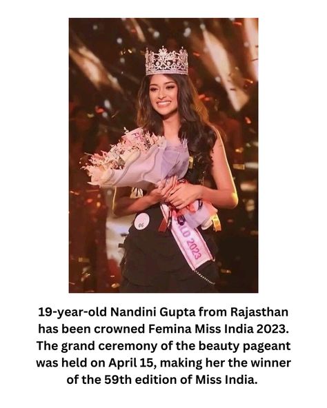 19-year-old Nandini Gupta from Rajasthan has been crowned Femina Miss India 2023. The grand ceremony of the beauty pageant was held on April 15, making her the winner of the 59th edition of Miss India. Nandini Gupta, Miss India, Story Ideas Pictures, Pretty Faces, Ideas Pictures, April 15, Beauty Pageant, The Winner, Story Ideas