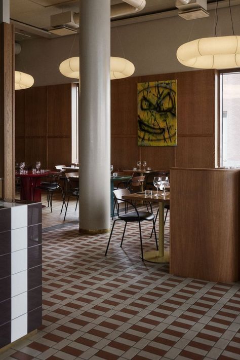 Mid Century Modern Flooring, Coco Lapine Design, Restaurant Flooring, Modern Flooring, Modern Restaurant, Bar Interior, Cafe Interior Design, Wood Dining Chairs, Cafe Interior