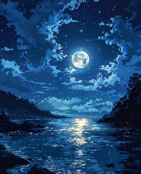 Blue Moon Art, Sky Scenery, Night Ocean, Moon Cartoon, Ocean Drawing, Well Images, Scenery Drawing, Spiderman Theme, Pixel Art Background