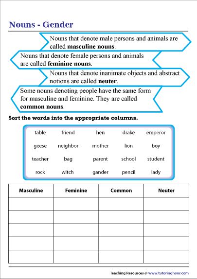 Common Gender Worksheet, Gender Of Nouns, Nouns For Kids, Common Nouns Worksheet, Nouns Exercises, English Questions, Punctuation Posters, Nouns Activities, Simple English Sentences