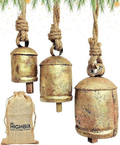 Amazon.com: HIGHBIX Set of 3 Harmony Cow Bells Vintage Handmade Rustic Lucky Christmas Hanging Bells On Rope : Home & Kitchen Christmas Decor Trends, Christmas Stem, Jute Hanging, Cozy Christmas Decor, Neutral Christmas Decor, Hanging Bell, Christmas Hanging, Rustic Colors, Cow Bell