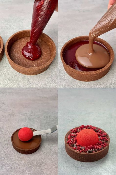 Holiday Plated Desserts, Chocolate Tart Decoration Ideas, Profiteroles Plating, Tartlets Decoration, Gourmet Pastry Recipes, Tarte Ideas, Cute Tarts, Valentines Plated Desserts, Plated Desserts Ideas Presentation