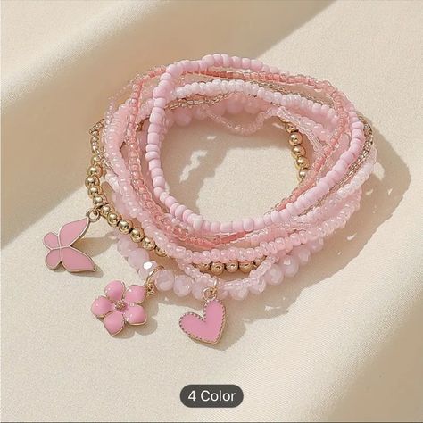 Pink Beads Beaded Bracelet Set Multi Layers Stackable Hand Jewelry Bundle And Save New Charm Bracelets Ideas, Pink Cute Bracelet, Pink Girly Accessories, Beaded Bracelet Set, Beads Jewellery Designs Ideas, Braclets Ideas Beaded Aesthetic, Bracelet Ideas Pink, Decora Jewelry, Aesthetic Bracelets Beads