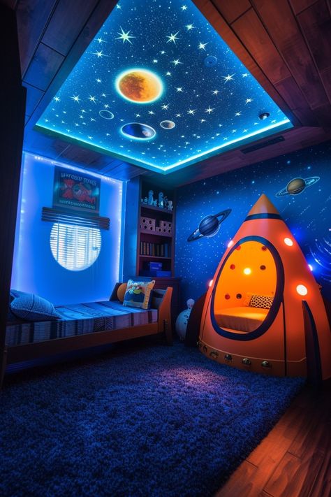 Rocket Ship Playhouse, Rocket Ship Bedroom, Astronaut Room Ideas, Space Themed Interior Design, Kids Boys Room Ideas, Solar System Room For Kids, Space Inspired Bedroom, Solar System Bedroom Ideas For Kids, Room For Boys Kids