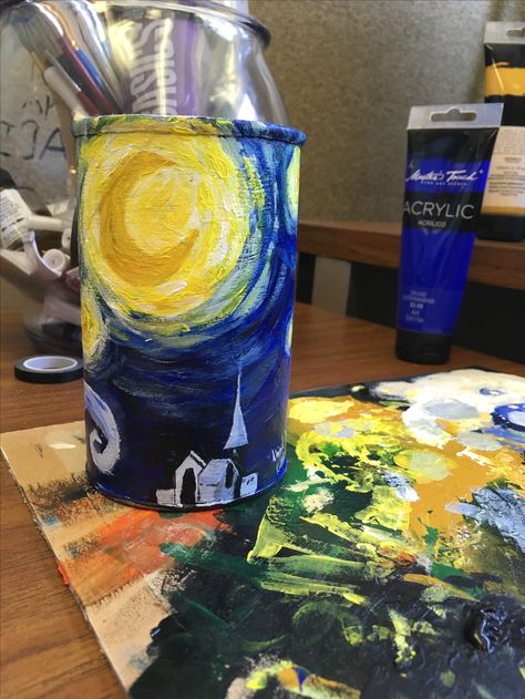 Starry night pencil holder :)) Pencil Holder Painting Ideas, Pottery Inspo, Starry Night Van Gogh, Dot Art Painting, Indie Music, Dot Art, Pencil Holder, Night Lamps, Dots Art