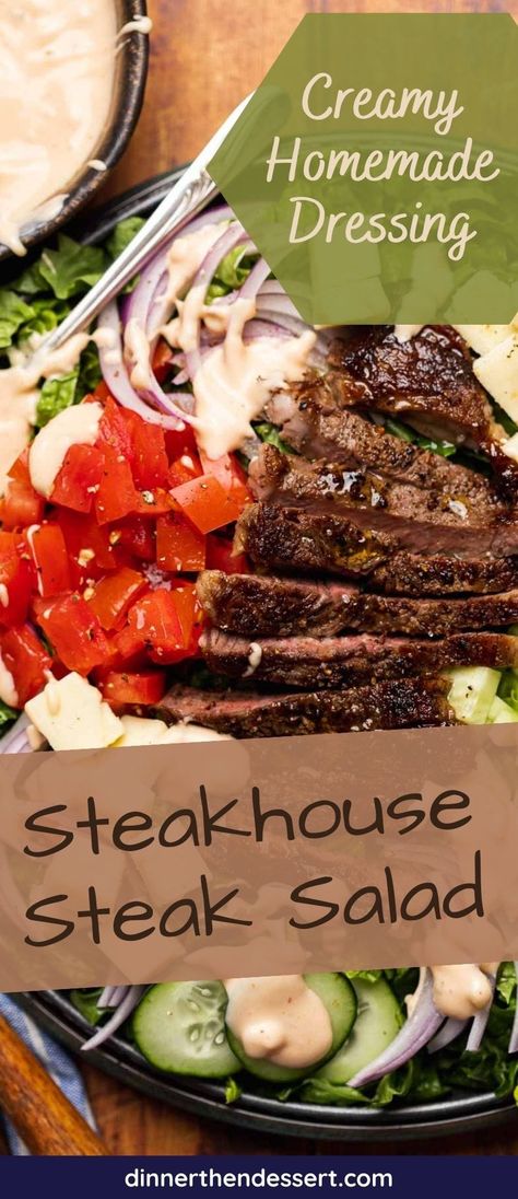 Delicious Steak Salad recipe for a hearty steakhouse salad with juicy steak strips, crisp greens, fresh veggies and creamy homemade dressing. Sirloin Steak Salad, Salad Dressing For Steak Salad, Steak Salad Dressing Recipe, Steakhouse Salad Dressing, Steak Salad Recipes For Dinner, Steak Salad Dressing, House Dressing Recipe, Steakhouse Salad, Steak Salads