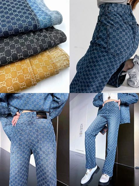 Gucci Denim Pants, Jeans Gucci, Luxury Monogram, Denim Fabrics, Gucci Denim, Gucci Jeans, Designer Jackets, Gucci Designer, Gucci Monogram