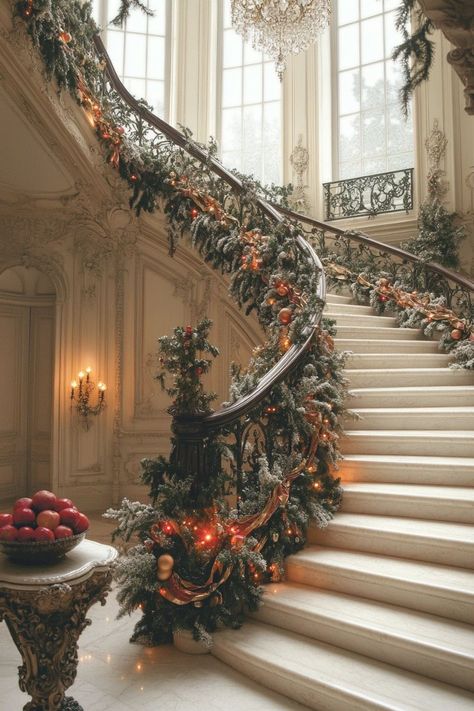 Double Staircase Christmas Decor, Chateau Christmas Decor, Castle Christmas Decor, Christmas Staircase Garland Ideas, Extravagant Christmas Decor, Christmas Penthouse, Christmas Staircases, Ornament Arch, Old Money Christmas