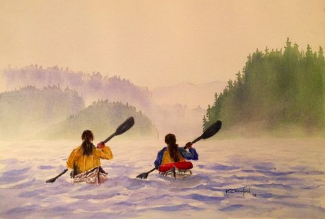 Watercolor Kayak Paintings, Kayaking Drawing, Kayaking Painting, Kayak Watercolor, Kayak Drawing, Canoe Watercolor, Kayak Painting, Kayak Pictures, Kayak Art