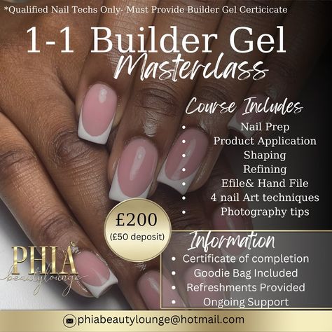 ATTENTION NAIL TECHNICIANS!💅🦋🌸 I’m excited to announce exclusive 1-1 Builder Gel Masterclasses for qualified nail technicians. 🎓✨ Perfect for qualified pros ready to take their skills to the next level. I’ll be sharing all my tips and tricks and things I’ve learnt over the years, helping you to get that perfect prep routine and lasting nail retention. Certificate of Completion, Goody bag and Refreshments included!🦋✨ Please note this is only for Qualified nail technicians and you will be as... Builder Gel Extensions, French Tip Builder Gel, Using Builder Gel, Mylee Builder Gel, Nails Builder Gel, Ibd Gel Builder, Nail Art Techniques, Certificate Of Completion, Builder Gel