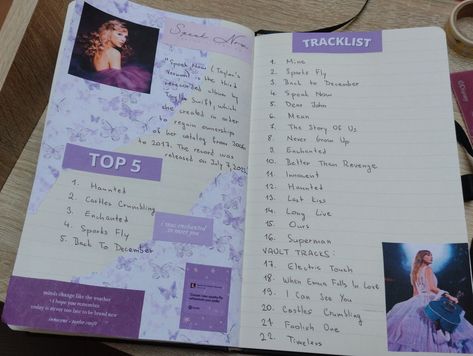 Taylor Swift Speak Now Journal, Speak Now Taylor Swift Journal, Speak Now Journal Page Taylor Swift, Speak Now Scrapbook, Taylor Swift Journaling, Speak Now Journal, Taylor Swift Notebook Ideas, Song Book Journal, Swiftmas Basket