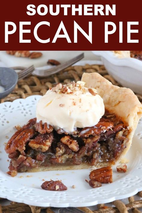 This is a must-make, super easy pecan pie with a gooey filling made with brown sugar and dark corn syrup (that's not too sweet)! Yes, please! Pecan pie recipe is the absolute best Thanksgiving Southern dessert and family favorite holiday treat! #EasyPecanPierecipe #Thanksgivingrecipe #easypierecipes #dessert #potluck #holidaypartytreat #christmasdessert Dessert Potluck, Easy Pecan Pie, Southern Pecan Pie, Pecan Pie Easy, Southern Desserts, Easy Pie Recipes, Pecan Pie Recipe, Fool Proof Recipes, Homemade Pie