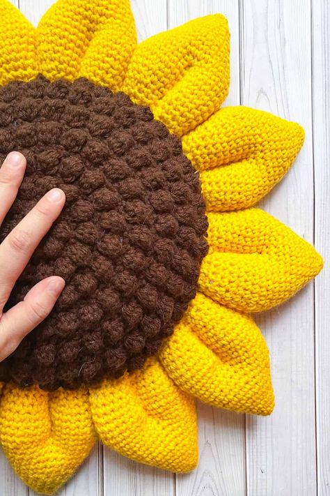 Crochet Sunflower Pillow Pattern - thecaffeinatedsnail.com Crochet Sunflower Pillow Pattern Free, Sunflower Pillow Crochet, Crochet Sun Pillow, Sunflower Crochet Blanket Free Pattern, Crochet Fall Pillow, Crochet Sunflower Blanket, Crochet Sunflower Pattern Free, Sunflower Crochet Pattern, Crotchet Baby Blanket